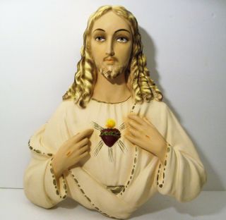 Large Vtg 1957 Jesus Sacred Heart Chalkware Wall Statue Plaque Mich.  Composition