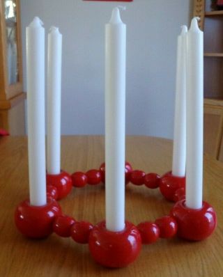 Vintage Swedish Large Red Wooden Christmas 6 Candle Holder Candelabra With Tag