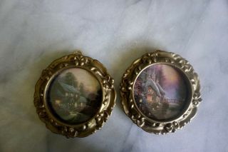 Pair 5 " Vintage Small Round Gold Plastic Wall Hanging W/cottage Prints Hong Kong