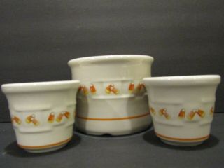 Longaberger Pottery Halloween Candy Corn 2 Candle Holders And 3.  5 " Pint Crock