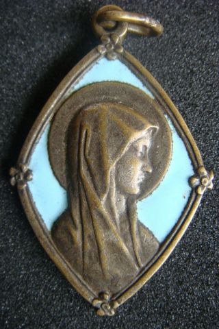 Our Lady Of Lourdes Vintage Detailed Blue Enamel Bronze Medal