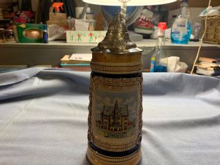 Vintage 11” Tall Ceramic German Beer Stein With Pewter Lid By Gerz