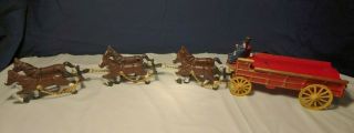 Vintage Cast Iron Toy - - Team Of 6 Clydesdale Horses,  Red Wagon,  2 People Drivers