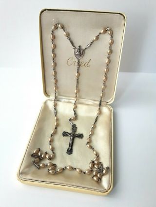Vintage Creed Sterling Silver Faux Pearl Rosary Sacred Heart Centerpiece