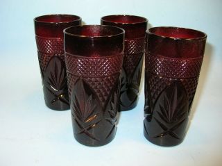 Set Of 4 Ruby Pressed Glass 6 " Tall Tumblers