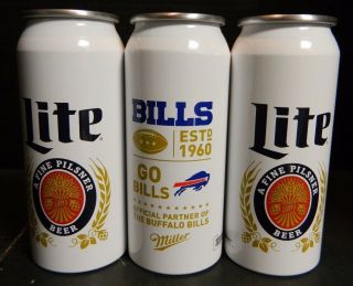 Set Of (3) Miller Lite Official Partner Of The Buffalo Bills Lidless Cans Excell