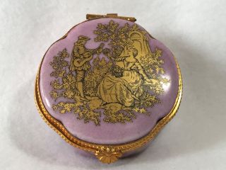 Limoges France - Hand Painted Gold Fragonard & Floral - Porcelain Trinket/pill Box