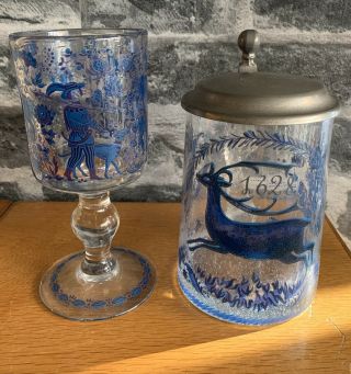 His & Hers Glass Goblet & Lidded Tankard Medievil Scene