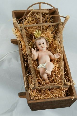 Vintage Plaster Nativity 6 " Baby Jesus Statue Glass Eyes Made In Spain Twig Crib