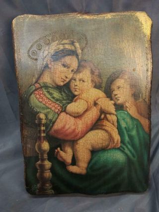 Vintage Wood Icon Religious Wall Plaque Madonna Christ Religion Christianity Art