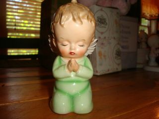 Vintage Child Figurine Kneeling & Praying Little Angel Boy Has Pajamas On Cute