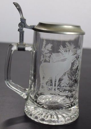 Vintage Lidded Etched Glass Stein Moose Beer Mug W Germany
