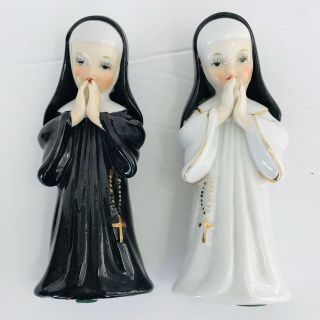 Vtg L&m Japan Pair/2 Porcelain Novice Praying Nun Figurines Catholic Black/white