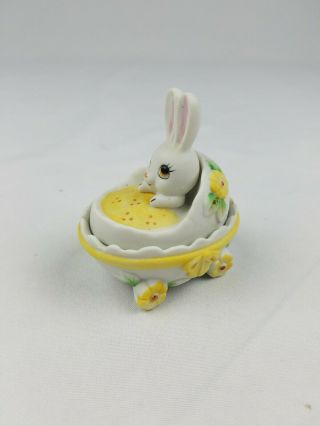 Vintage Lefton Easter Egg Bunny In Baby Buggy Trinket Box Ceramic Hand Painted