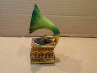 Pv Limoges Gramophone Trinket Box Hand Painted Brown & Green Gold Trim Vintage