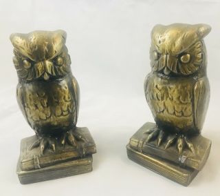 Pair Heavy Metal Owl Bookends 1970