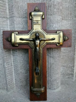 Antique Vintage Art Deco Wood Metal Wall Inri Cross Crucifix Jesus Christ Corpus