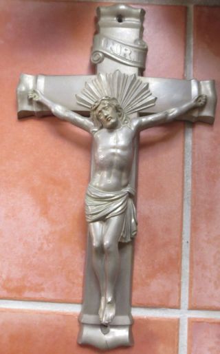 Rare Large Vintage Wall Hanging Crucifix Jesus Cross Pweter Metal Altar Piece