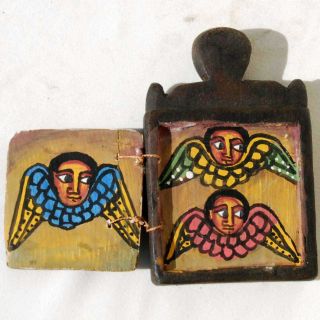 Ethiopian Coptic Christian Orthodox Wood Icon Diptych Painted Handmade Religious