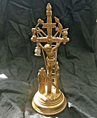 Vintage Antique Ornate 10 " Brass Crucifix Standing Table Cross W/ Christ Jesus