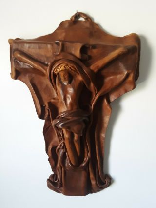 Large Vintage Hand Crafted Leather Crucifix Wall Hanging - Unique - Folk Art
