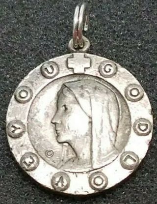 Vintage Blessed Virgin Mary Sterling Silver Pendant " God Love You "