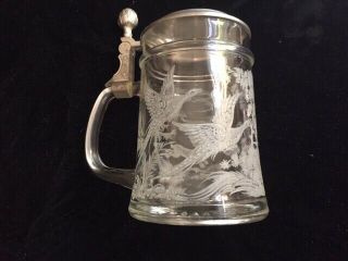 Beer Stein Etched Glass With Pheasant And Rabbits Made In West Germany Ex Cond.