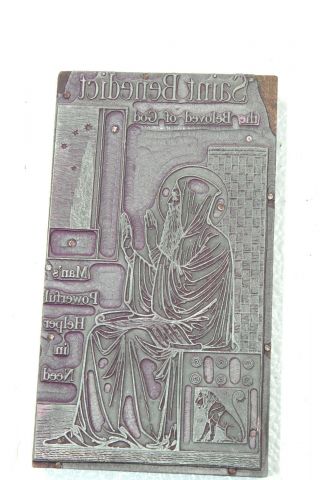 Antique Lead Metal Plate Etching Printing Religious Church Saint Benedict God 6a