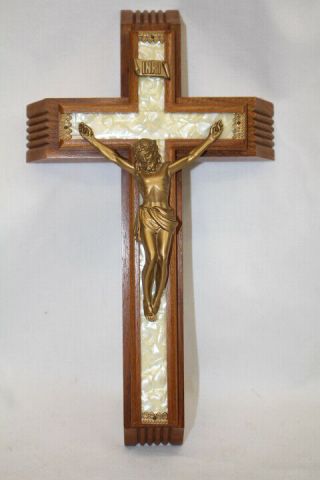 Vintage Catholic Crucifix With Mother Of Pearl Inlay Complete Sick Call Set
