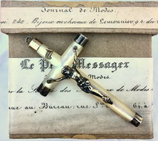 Antique French Silver Mother Of Pearl Crucifix Cross Mop