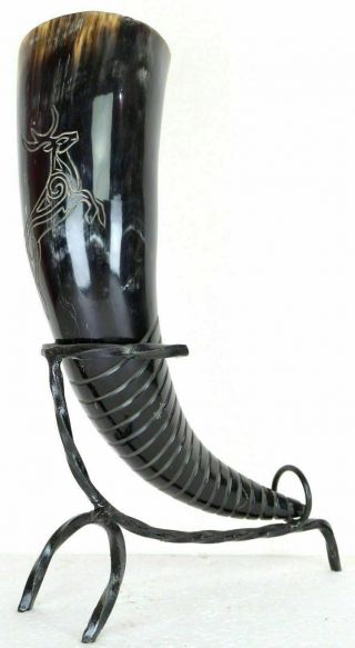 Deer Tattoo Natural Viking Steins Drinking Horn Mug For Beer Ale Wine,  Iron Stand