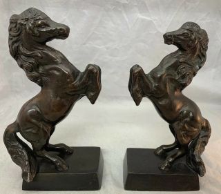 Vintage Bronze Rearing Horse Bookends 3 Lbs A Piece Tall 9 3/4”