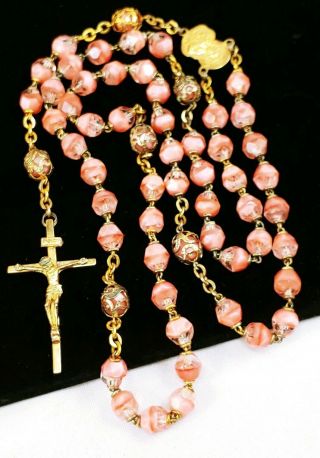Vintage Sterling Silver Gold Creed Rosary Pink Color Glass Beads Catholic Uma