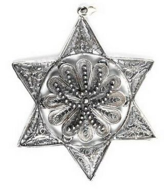 Large St.  Silver Filigree Magen Star Of David Pendant Jewish Menorah Lamp Judaica