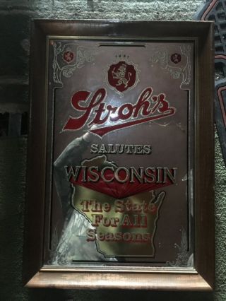 Stroh’s Beer Bar Mirror Sign Stroh’s Salutes Wisconsin The State For All Seasons