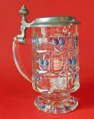 Rein Zinn German Pewter Lid Painted With Blue Roses Decorative Glass Beer Stein