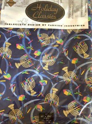 Jewish Menorah Candles,  Dreidel Navy Colorful 60” X 104” Oblong Tablecloth 2