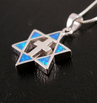 Jewish Star Of David Cross Opal Messianic Necklace Israel Pendant Silver