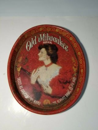 Old Milwaukee Beer Vintage Serving Tray Lady In Red W/great Patina