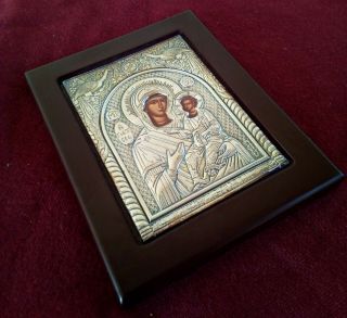 Ηandpainted Virgin Mary Pure Silver Coated 925 Greek Wood Icon