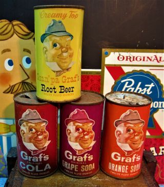 4 FLAT TOP GRAF ' S SODA CANS.  MILWAUKEE,  WI.  GRAPE,  COLA,  R/BEER,  ORANGE 2