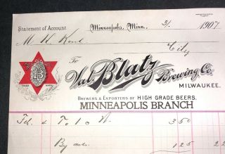 Blatz Beer Brewery Color Letterhead Billhead Milwaukee Wisc Minneapolis Mn 1907