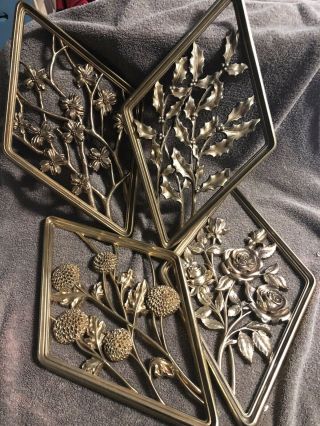 Vintage Syroco Inc Mid Century Modern Four Seasons 4 Gold Wall Hangings Plaques