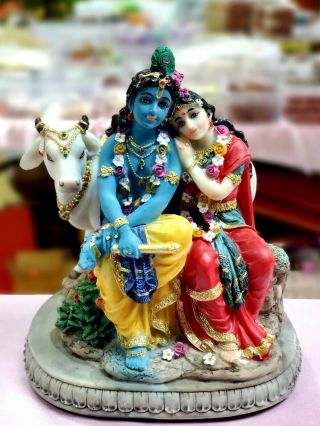 Radha Krishna With Cow Elegant Statue In Resin 7 Inches Height Idol Usa Seller