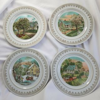 Currier & Ives Four Seasons Decorative Wall Plates 8 " Gold Rim Complete Set Of 4