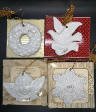 Avon Christmas Remembrance White Ornaments 1980 - 1983 Wreath Dove Angel Snowflake