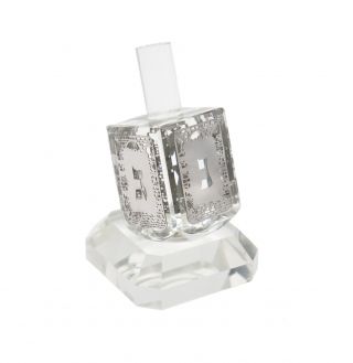 Crystal Glass Dreidel Made In Jerusalem With Pedestal And Silver Ornaments