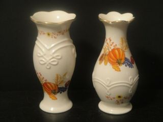 Lenox Small Bud Vase Ivory Gold Trim Porcelain Harvest Fruits Set Of 2
