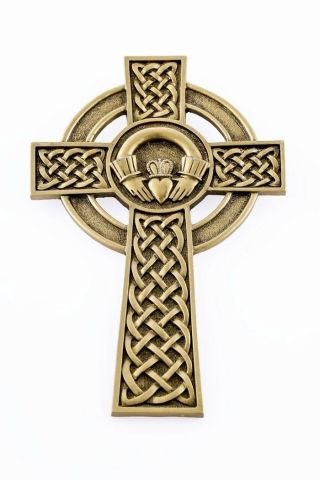 Pewter Claddagh Celtic Wall Cross With Antique Gold Tone Finish,  5 Inch
