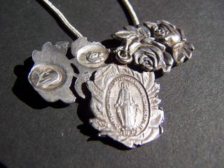 Virgin Mary - Miraculous Medal With Roses - Sterling Silver Devotional Pendant